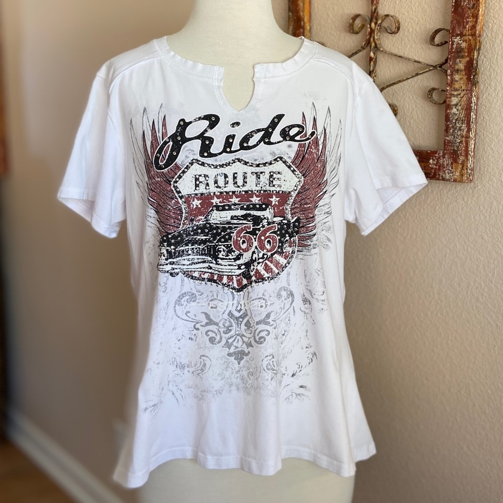 T-Shirt / Tee - Short Sleeve - “V” Neck ~ RIDE ROUTE 66  Kool Deadwood Nites - L
